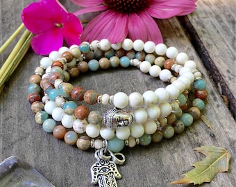 Shanti Mala | Beautiful Aqua Terra Jasper | White Howlite | Wrist or Neck Mala | Luxury Mala Beads | Healing | Peace | Comfort | Eases Loss