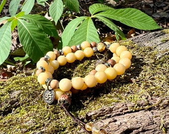 NEW! Warm Sunshine Double Mala Bracelet | Gorgeous Natural Burmese Yellow Jade | Titanium Pyrite | Sunny Citrine | Sandalwood | Confidence