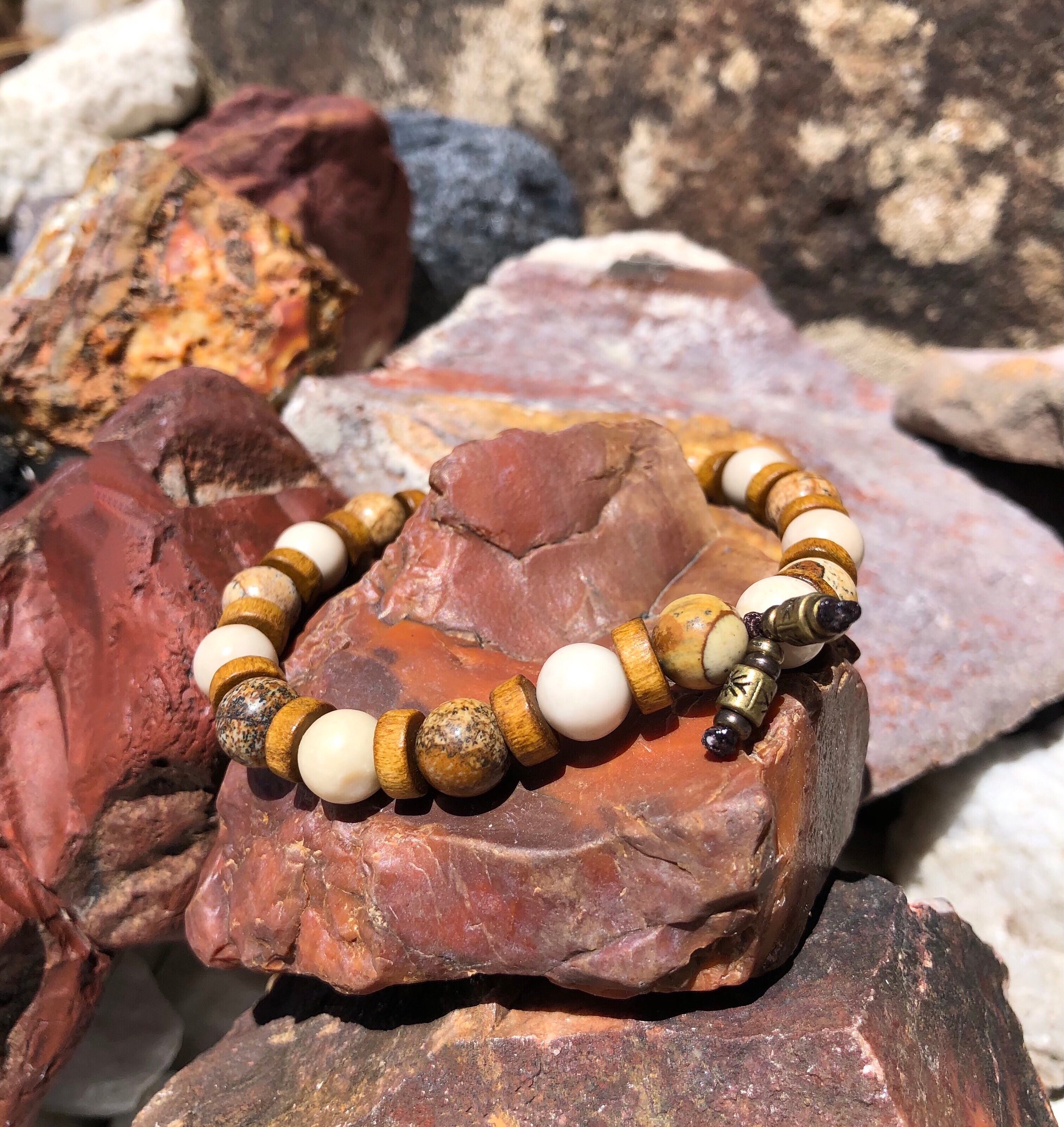 Men’s Tranquil Mala Bracelet Picture Jasper Ivory Fossil Jasper