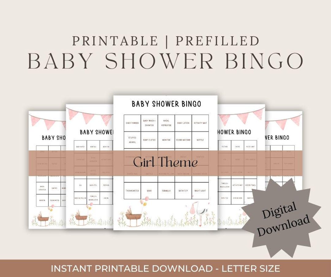 Baby Shower Bingo: 60 Cards, Prefilled, PRINTABLE Bingo Pdf, Girl Theme ...