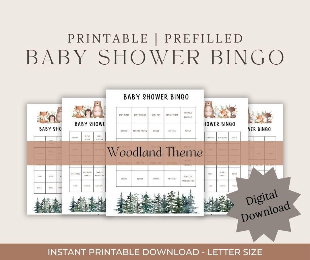 Baby Shower Bingo: 60 Cards, Prefilled, PRINTABLE Bingo Pdf, Woodland ...