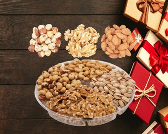 Nut Cravings Holiday Gift Basket - Gourmet Mixed Nuts In Wooden Tray With Ribbon