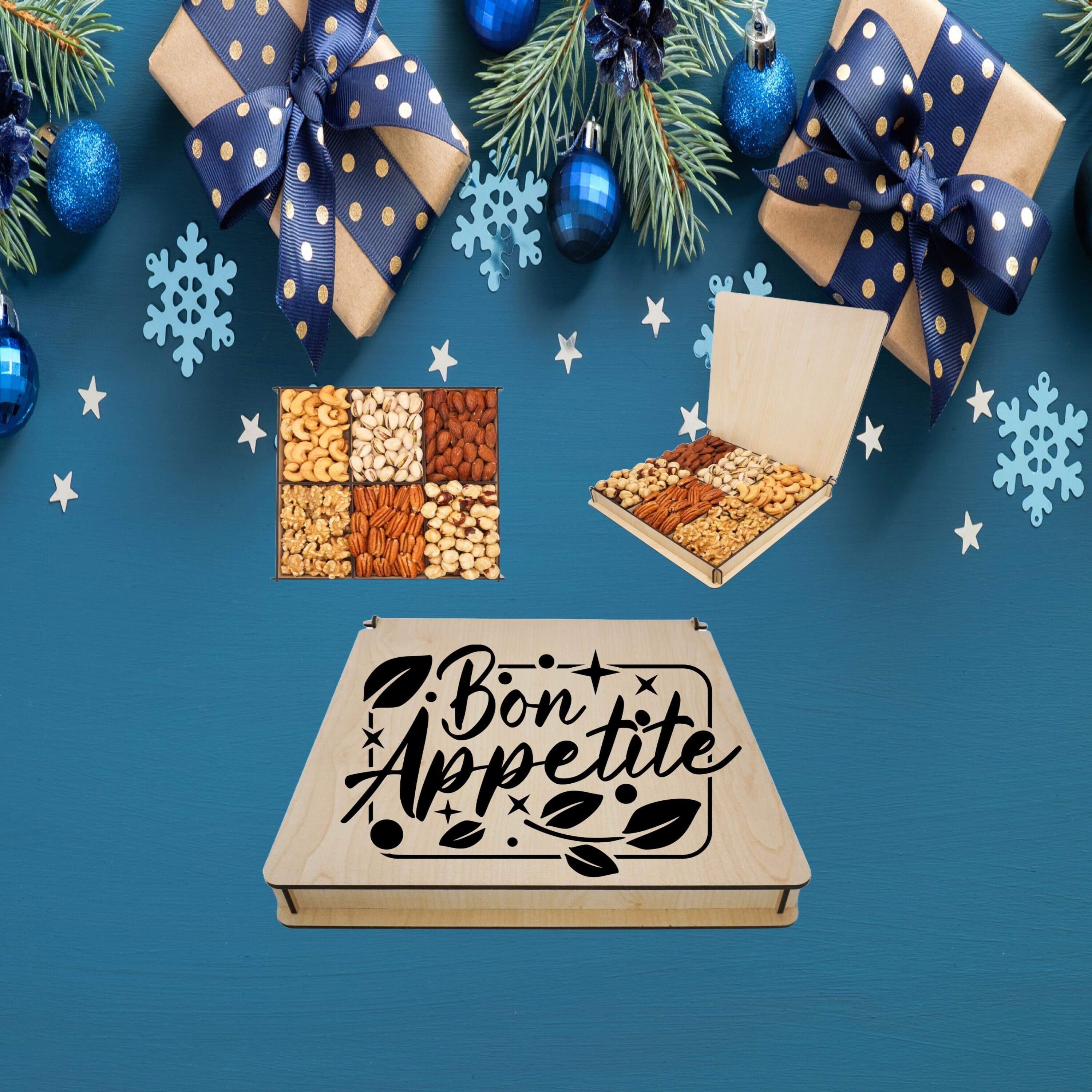 Vegan Snacks in Wooden Box, Gourmet Nuts Gift Basket, Thank You Gift, Family Gift Baskets, Christmas Gift Basket for Family