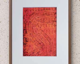 Impresión artística única de Gelli: acuarela lavada con flujo solar rojo y naranja