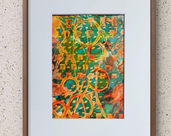 Impresión artística única de Gelli: verde con anillos naranjas, acuarela lavada