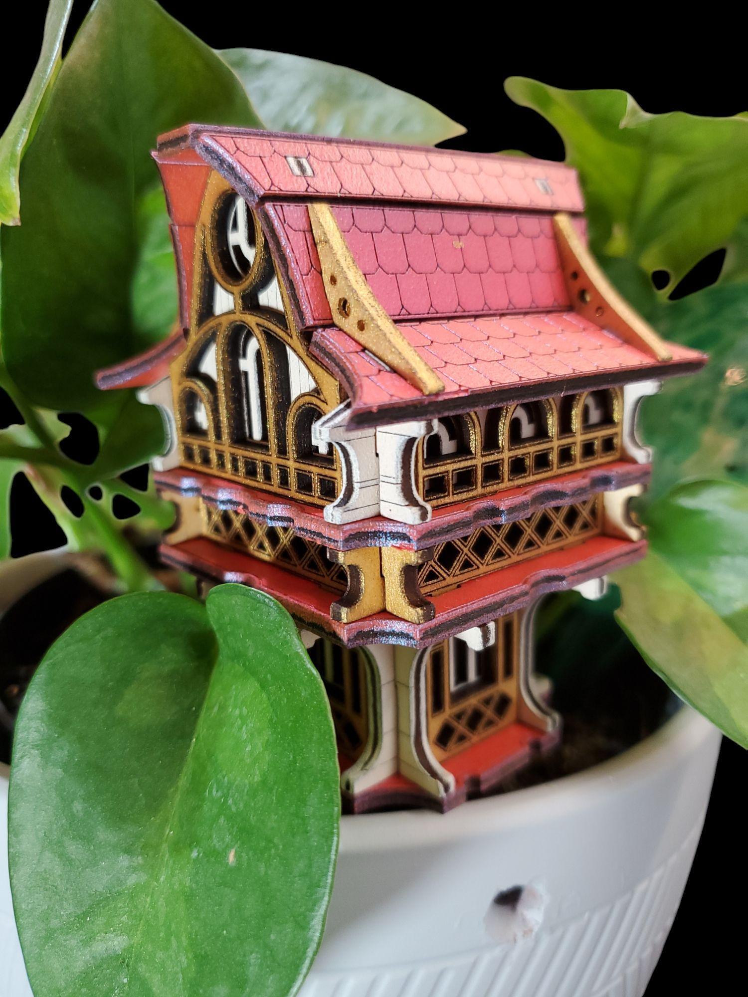 Tiny Gnome House with Garden Stake – Brightly Painted Miniature for Pots & Displays