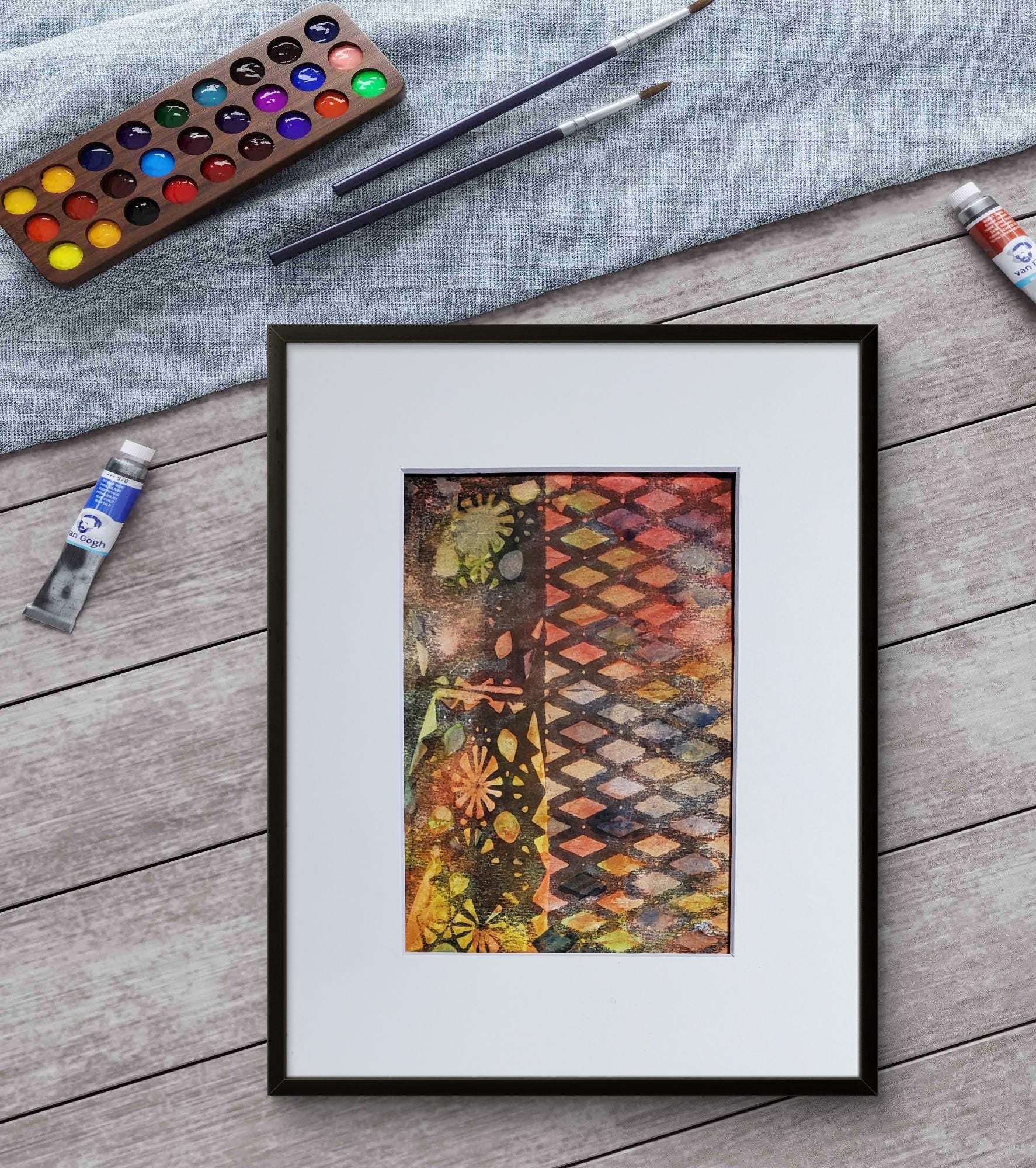 One of a Kind Gelli Art Print - red diamond row with floral shapes watercolor washed