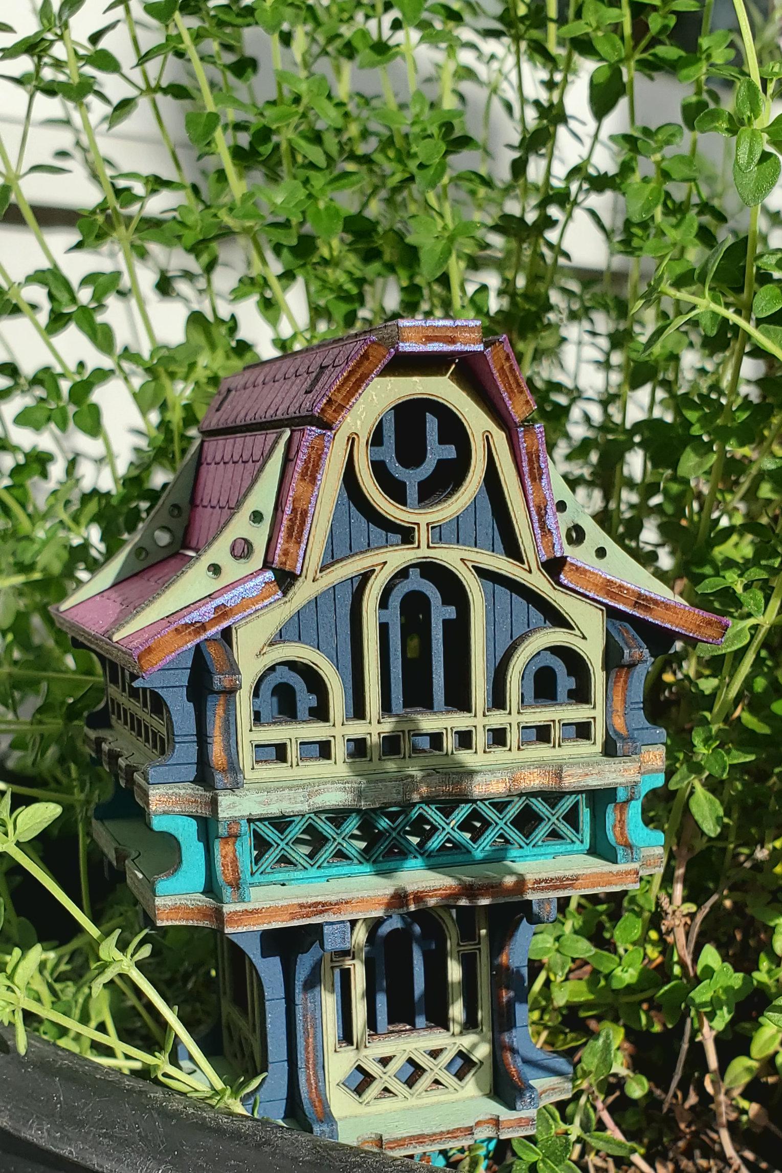Tiny Gnome House with Garden Stake – Brightly Painted Miniature for Pots & Displays