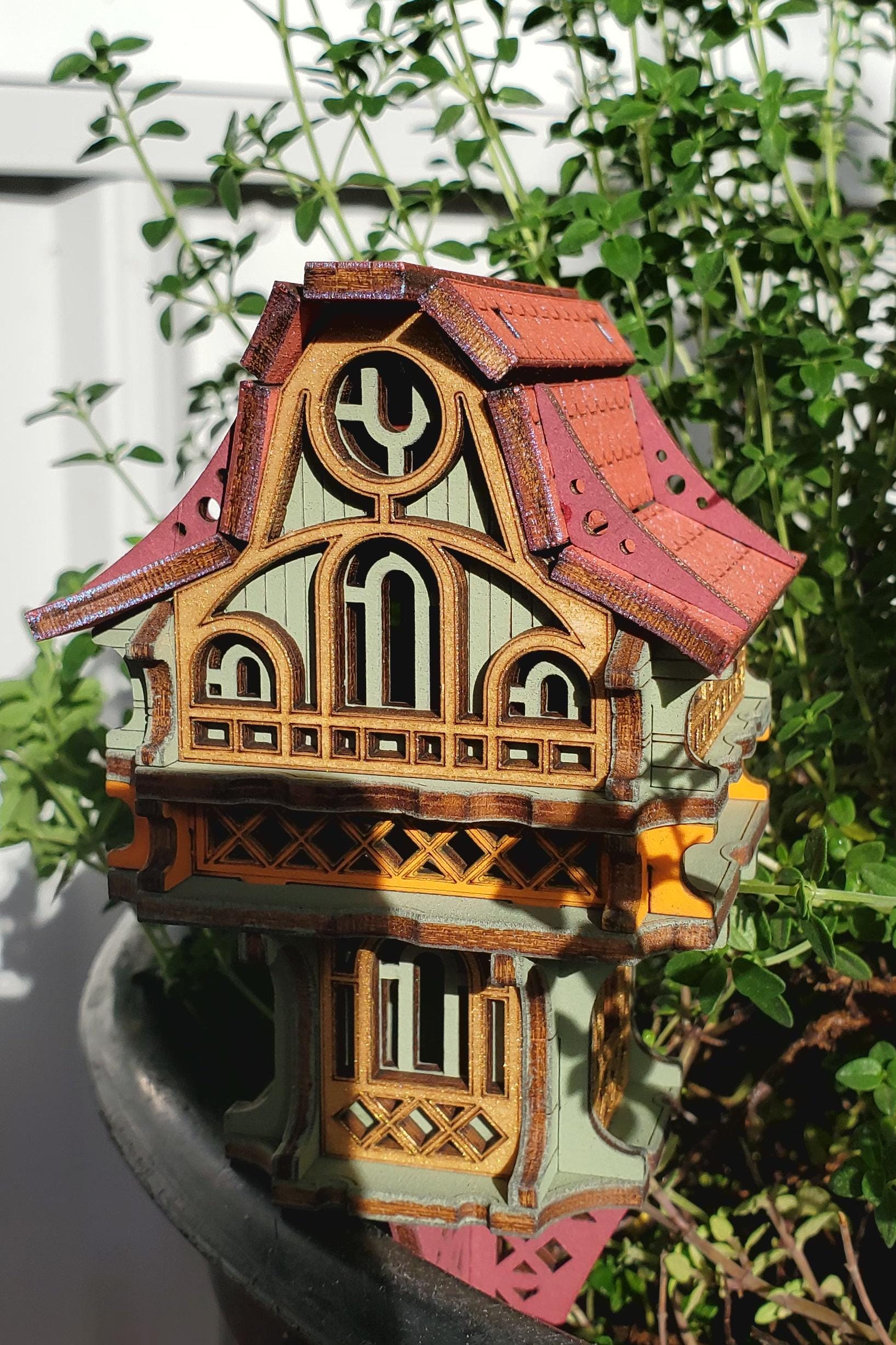 Tiny Gnome House with Garden Stake – Brightly Painted Miniature for Pots & Displays
