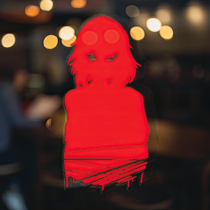 May include: A red silhouette of a person with a star on their forehead, against a blurred background of lights.