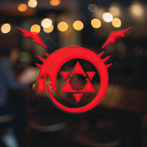 May include: A red symbol with a circle and a six-pointed star inside. The circle has a stylized dragon head on the left and right sides.