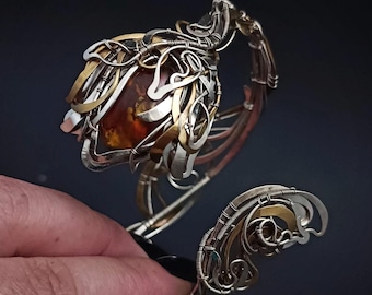 Wire Wrapped Bracelet with Amber: Brass and German Silver