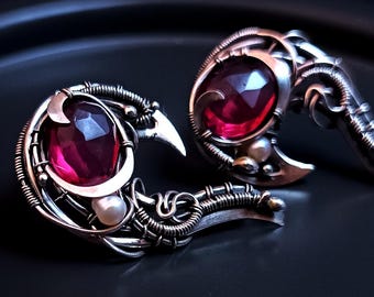 Elegant Stud Earrings with Blood Quartz and Pearls Wire Wrapped Jewelry for Women