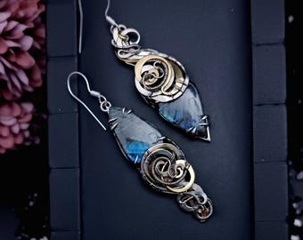 Labradorite Earrings Wire Wrap Two metal Asymmetrical boho jewelry for women