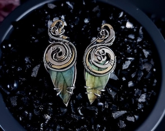 Labradorite Stud Earrings Wire Wrapped Asymmetrical Jewelry