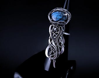Labradorite Jellyfish Ring Wire Wrapped ring for Women Adjustable ring