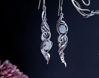 Earrings with Sterling silver Moonstone Wire Wrap Asymmetrical Aesthetic Lightweight Jewelry