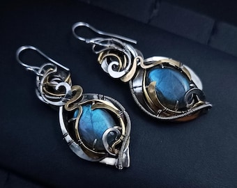 Mixed Metal Wire Wrapped Blue Labradorite Earrings Jewelry