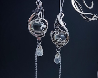 Wire Wrapped Citrine Сhain Earrings Asymmetrical Jewelry for Women