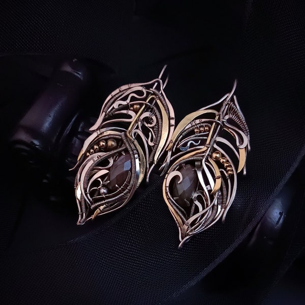 Wire wrapped asymmetrical Feather earrings Mixed metal Wire wrapped labradorite jewelry Big brass earrings for women
