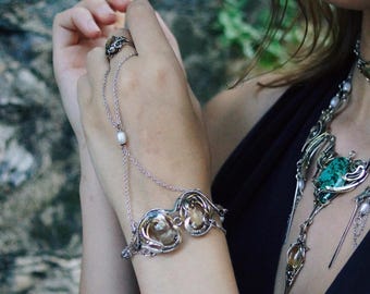 Mixed metal jewelry Wire wrapped  bracelet Pearl jewelry Pearl bracelet for woman  chain ring bracelet