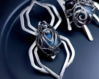 Labradorite Spider Fly Earrings Wire Wrapped German Silver & Garnet  Asymmetrical Jewelry