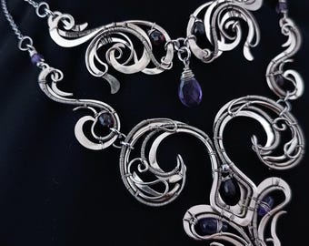 Amethyst and Garnet Jewelry Artisan Set of Two Necklaces Choker and Elegant Necklace