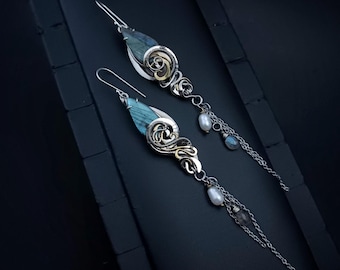 Labradorite Сhain Earrings Wire Wrap Two Metal Asymmetrical Boho Jewelry for Women