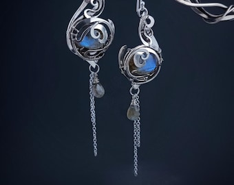Labradorite Asymmetrical Сhain Earrings Wire Wrap Boho Jewelry for Women