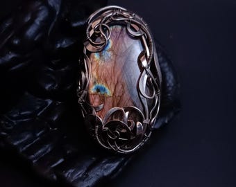 Wire Wrapped Ring With Labradorite in German Silver for Women Larg Jewerly