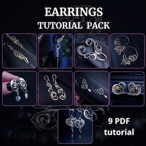 Pode incluir: Um EARRINGS TUTORIAL PACK com 9 tutoriais em PDF. A imagem exibe uma grade de vários designs de brincos de arame, incluindo espirais de metal prateado, correntes pendentes e contas incrustadas em formas de coração e abstratas.