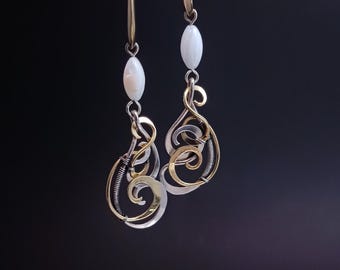 Wire Wrapped Earrings Asymmetrical Mother of Pearl Mixed Metal: Brass and German Silver