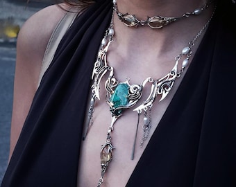 Gothic Statement Necklace Set Handcrafted wire wrap necklace with citrine, chrysocolla and pearls  Cascading Chrysocolla Wire Wrapped Choker
