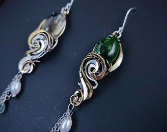Citrine Сhain Earrings Wire Wrap  Asymmetrical Jewelry for Women