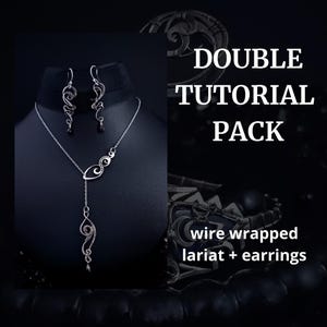 May include: A silver wire-wrapped lariat necklace and matching earrings set displayed on a black mannequin. The jewelry features a swirling design with small dark beads. The image includes the text "DOUBLE TUTORIAL PACK" and "wire wrapped lariat + earrings."