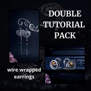 May include: Image features wire-wrapped earrings. One pair has a heart-shaped design with a gemstone center. Another pair has a floral design with dangling bars and red beads. Text reads "DOUBLE TUTORIAL PACK" and "wire wrapped earrings."