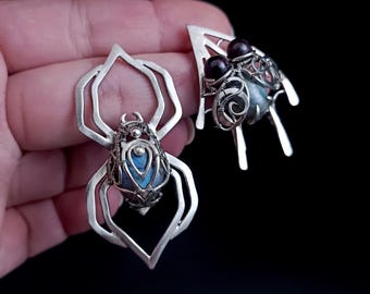 Wire Wrapped Asymmetrical Spider Fly Earrings German Silver, Labradorite and Garnet