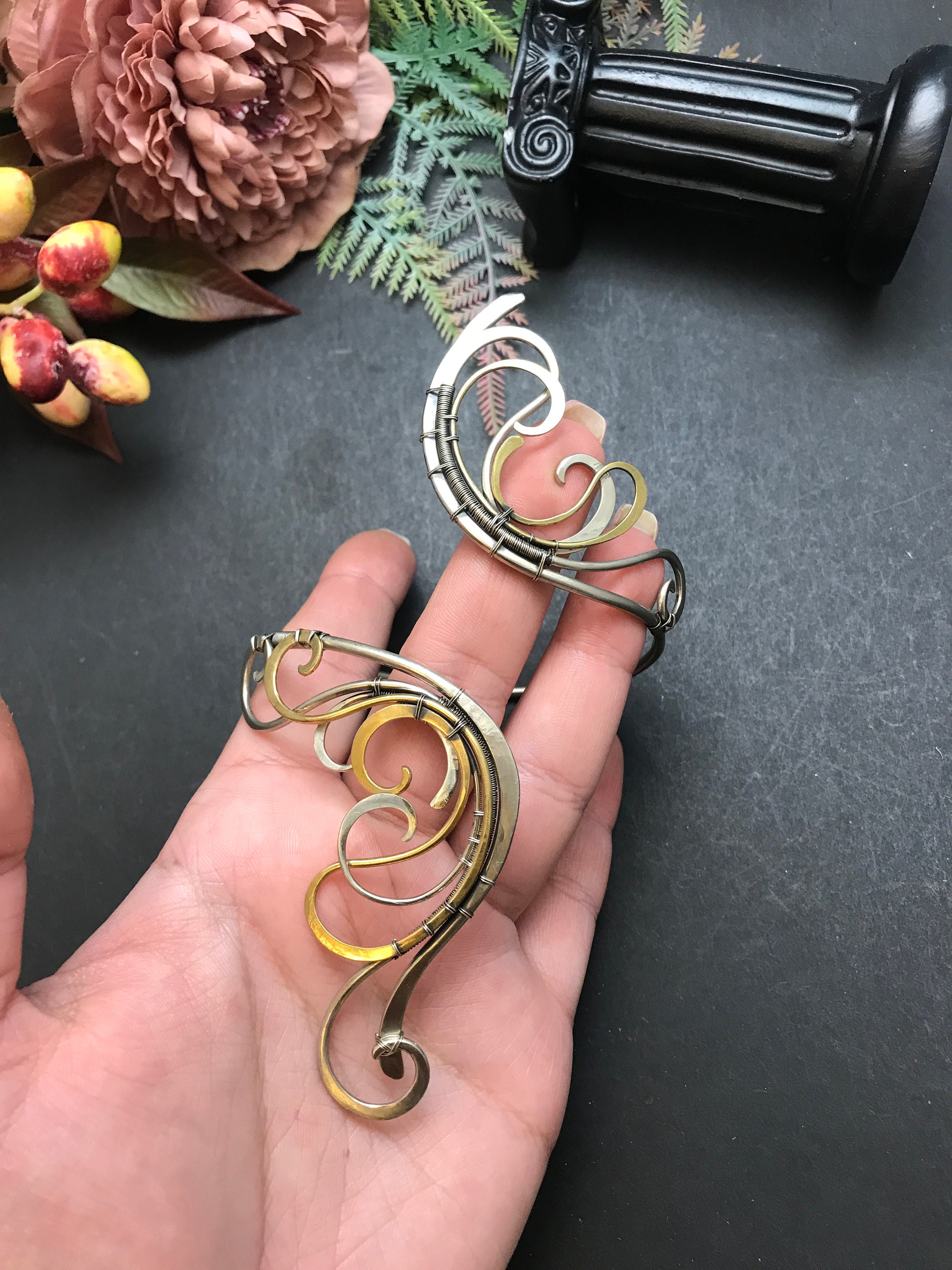 Wire wrapped Mixed metal upper arm silver bracelet for woman Etsy