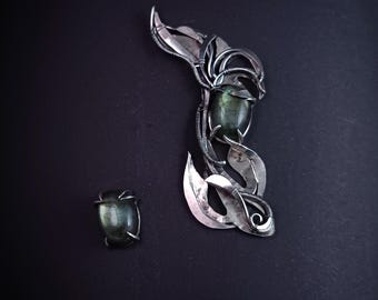 Asymmetrical fish-shaped Wire Wrapped earrings with labradorite for women Jewerly