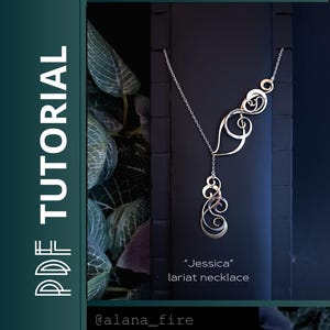 May include: A silver-toned lariat necklace with a unique, flowing design. The necklace, named "Jessica", features a series of interconnected swirls and curves. The image also includes the text "PDF TUTORIAL" and the Instagram handle "@alana_fire".