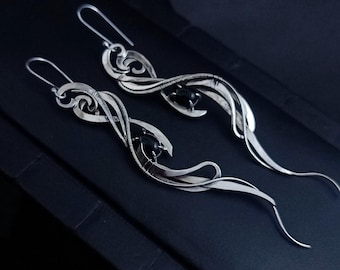 Long Earrings with Onyx Wire Wraped Lightweight Unique Jewelry for Women