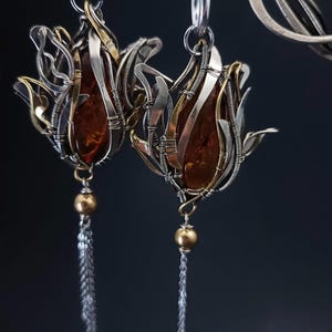 Asymmetrical Cognac Amber Earrings | Long Wire Wrapped Dangle Earrings | Natural Amber Chain Earrings | Handmade Mixed Metal Jewelry