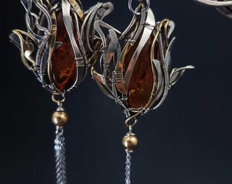 Asymmetrical Cognac Amber Earrings | Long Wire Wrapped Dangle Earrings | Natural Amber Chain Earrings | Handmade Mixed Metal Jewelry