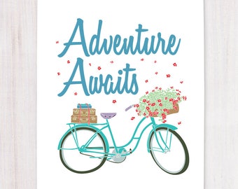 Adventure Awaits, Inspirational Wall Art Printable, Travel Quote, Bicycle Print Art, Retirement Gift, Graduation Gift, Baby Shower Gift