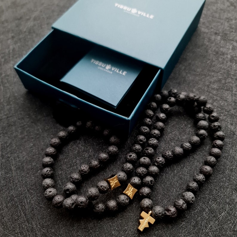 Black Lava Stones Necklace Rosary Style Black and Gold Necklace Her Luxury Gemstones Necklace with gold Pendant for Him
