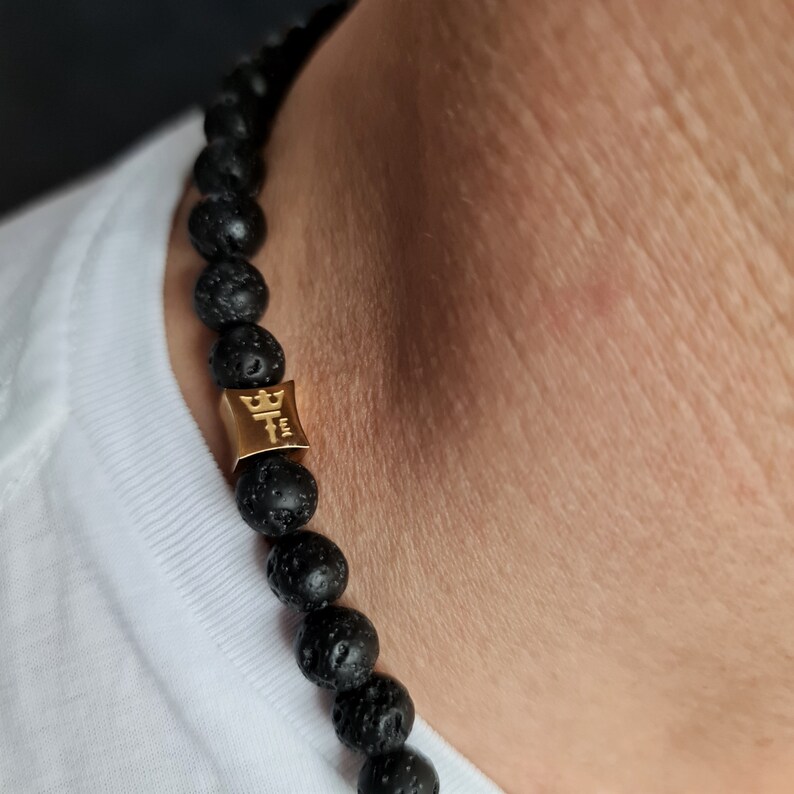Black Lava Stones Necklace Rosary Style Black and Gold Necklace Her Luxury Gemstones Necklace with gold Pendant for Him