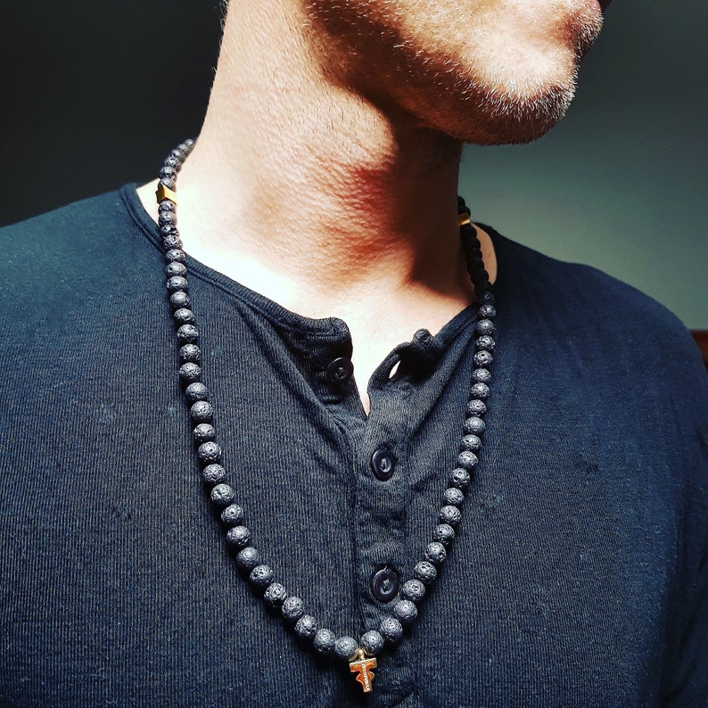 Black Lava Stones Necklace Rosary Style Black and Gold Necklace Her Luxury Gemstones Necklace with gold Pendant for Him
