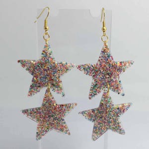 Double rainbow oversized Star Glitter Charms Acrylic Earrings D204 Kitsch Fun 10cm Long