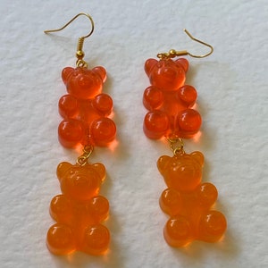 Red and orang, double Extra Large Gummy Gummi Bear Earrings, Fun G304 Pastel Large Resin, 7cm long