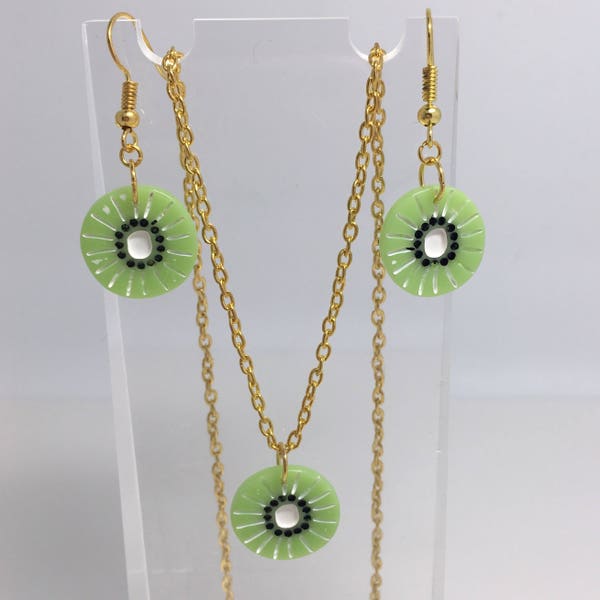 Kitsch fruit charm kiwi slice necklace and earrings set  pendant and hooks gold colour chain G063 small